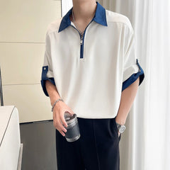 Mens Casual Polo Shirt Half Zip Contrast Collar Loose Fit Comfortable Turn Down Collar Tshirt Relaxed Breathable Top Fashion voguable