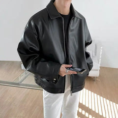 PU Leather Jacket Men Autumn and Winter Trend Black Motorcycle Jacket American Retro Loose Casual Lapel Zipper Coat Men voguable