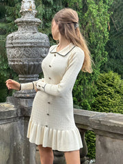 TARUXY Ruffled Knitted Mini Dress For Women Hollow Lapel Button Long Sleeve Slim Fit Dresses Autumn Contrast Color Retro Elegant voguable