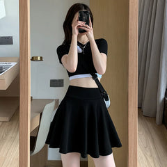 Summer Women's Skirts Fashion Sexy Mini Elastic Pleated Sun Skirts For School Girl Uniform Korean Black High Waist Tennis Skirts voguable