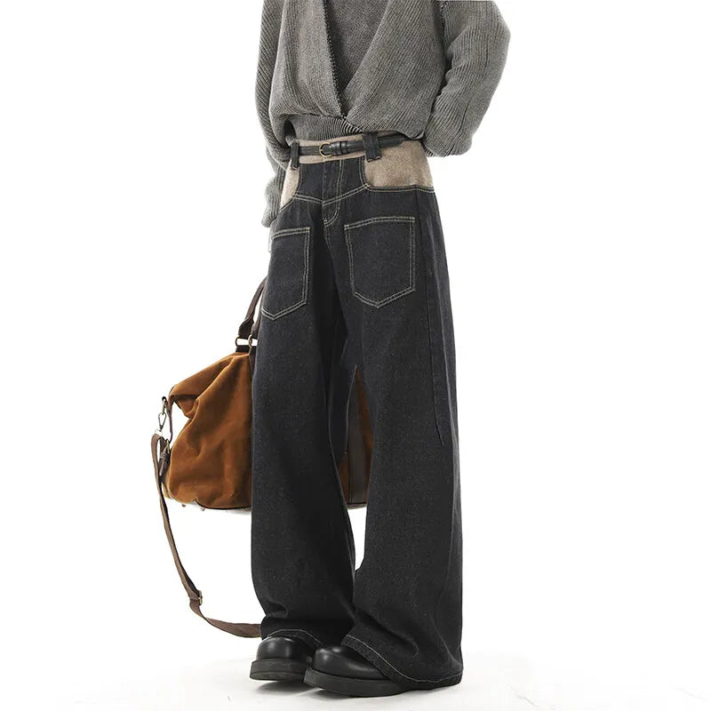 Hip Hop Patchwork Straight Jeans Black High Street Pocket Pants Japanese Harajuku Fashion Casual Loose Mopping Wide-leg Jeans