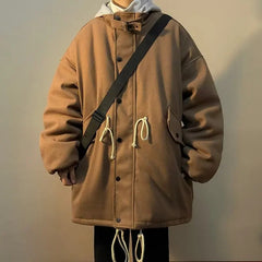 Voguable Man Jacket Autumn Winter High Street Patchwork Men Outerwear Loose Pocket Zipper Hooded Windproof Male Fake Two-piece Coat voguable