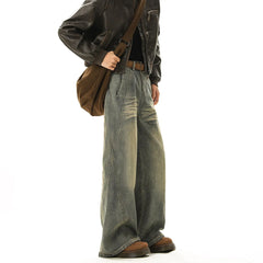 Vintage Blue Men's Distressed Denim Pants Wide Leg Trousers Jeans Straight Loose Mopping Pants Streetwear Male Casual Fashion