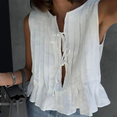 New Summer Women Y2K Korean White Linen Cotton Pleated Lace Up Sleeveless Short Shirt Crop Top Blouse Pleated Shirts Clothes voguable