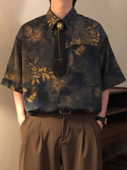 Summer American Trendy Casual Tops New Chinese Style Vintage Hong Kong Style Printed Short-sleeved Shirt Men's Loose Tops Chic voguable