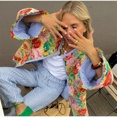 Vintage Print Thick Cotton Jacket Women Loose Flare Sleeve Autumn Winter Jacket Female Fashion O-Neck Ladies Outwear New voguable