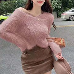 Fuzzy Knit Wrap Front Top Women Long Sleeve Criss-Cross Fluffy Sweater Fitted Crop Top Pullover Ladies Autumn Winter Y2K Outfit voguable