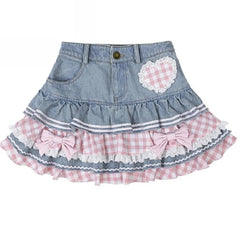 Voguable Preppy Style Lolita Kawaii Skirts Japanese Sweet Mini Women Harajuku Cute Ball Gown Denim Skater Y2K High Waist Lace Cake Skirts voguable