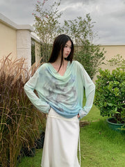 Gradient Fall 2025 Fashion Woman Oversize Graphic T Shirts Long Sleeve Top Cowls Blue Tee Autumn Streetwear Clothing voguable