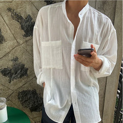 Voguable Beach Long Sleeve Linen Shirt, Men's Solid Color Loose, South Korea Popular Leisure Linen Shirt, Travel & Outdoor Wear voguable