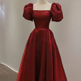 Voguable Puff sleeve Prom Dresses Square Collar A-Line Evening Dress Satin Woman Party Dresses with Short Sleeves Customized New voguable