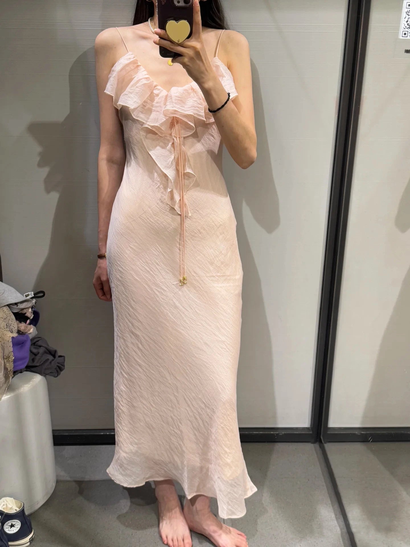 Ruffle Solid Color Pink Beige Long Dress Fashion V-neck Slim Vacation Beach Women Dress Vestidos 2025 New Summer Woman Clothing voguable
