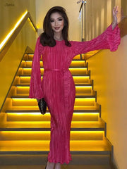 Women's Autumn New Fashion Pleat Belted Vestidos Elegant Flare Long Sleeve Long Fold Long Dress Party Prom Slim Robe voguable