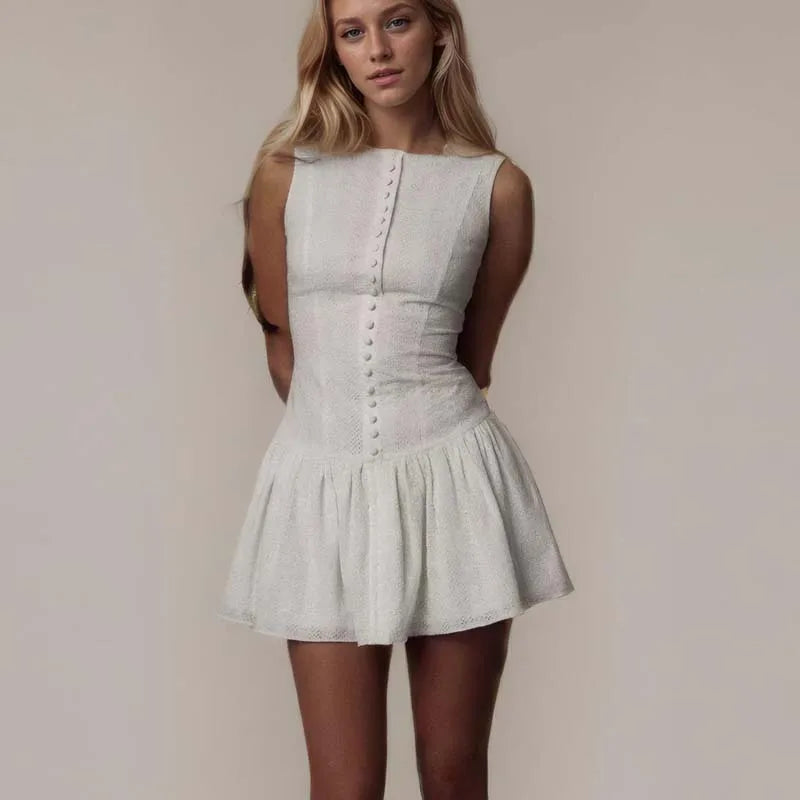 Front Button Hollow Out Embroidery White Tank Dress For Women Sleeveless Low Waist A-line Mini Holiday Summer Dresses voguable
