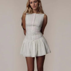 Front Button Hollow Out Embroidery White Tank Dress For Women Sleeveless Low Waist A-line Mini Holiday Summer Dresses voguable