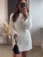 Fashion Shining Sequin Mini Dress For Women Long Sleeve Bowknot Chic Short Dresses Female Elegant Holiday Evening Party Looks voguable