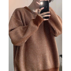 New Japanese Trendy Men Sweater High Street Patchwork Knitted O Neck Long Sleeve Pullover Casual Loose Premium Quality Knitwear voguable