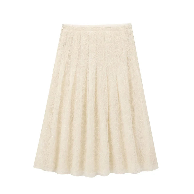 Women Semi-sheer Embroidered Sequin Skirt Vintage High Waist Pleated A-line Midi Skirts Faldas Mujer