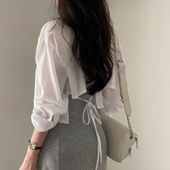 Y2K White Chiffon Sun Protection Shirt Women Korean Chic Loose Single Breasted Crop Tops Sexy See Back Lace Up Blouse voguable