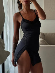 Mozision Lace Spaghetti Strap Sexy Mini Dress For Women Robe Fashion Sleeveless Backless Bodycon Side Split Club Dress Vestido voguable