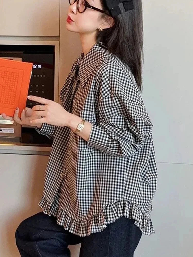 Vintage Black Plaid Shirt Women Loose Sweet Preppy Style Long Sleeve Blouse Fall Casual Retro Cute All Match Female Tops New voguable