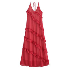 Sexy Backless Halter Red Sling Ruffle Dress Women Summer A-line Elegant Long Dresses Holiday Party Maxi Vestidos voguable