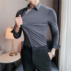 Plus Size 4XL-M High Elasticity Seamless Shirts Men Long Sleeve Top Quality Slim Casual Luxury Shirt Social Formal Dress Shirts voguable