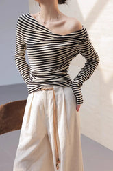 Voguable Women Tshirt Korean Style Sexy Off Shoulder Irregular Long Sleeve Stripe Trim Retro Classic Autumn Fashion Top voguable