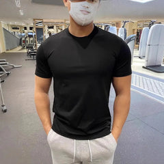Ice Silk Gym T-shirt Men Summer O-Neck Tight Elasticity Quick Dry Short Sleeves Ultra-Light Casual Solid Running Sports T-Shirts voguable