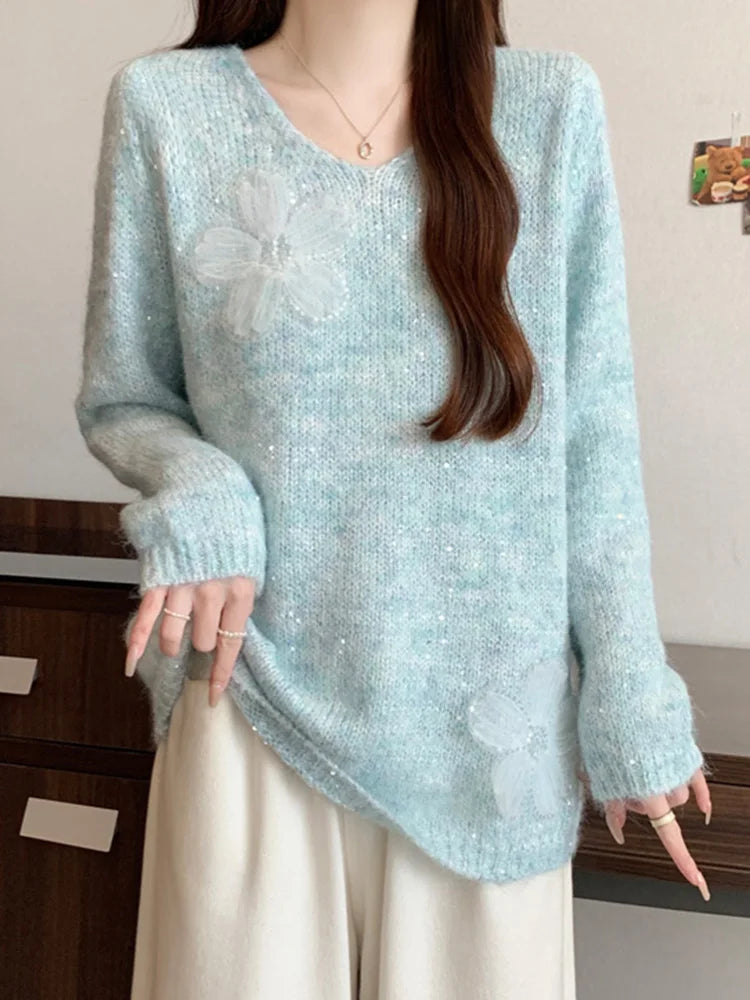 3D Floral Sweet Sweaters Women Loose Fashion V Neck Elegant Knitted Jumper Casual Chic Korean Female Fall Winter Long Sleeve Top voguable