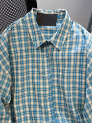 Retro Blue Plaid Shirt Women Casual Fall Long Sleeve Harajuku Retro Blouse Japan Preppy Style Female Turn Down Collar Tops voguable