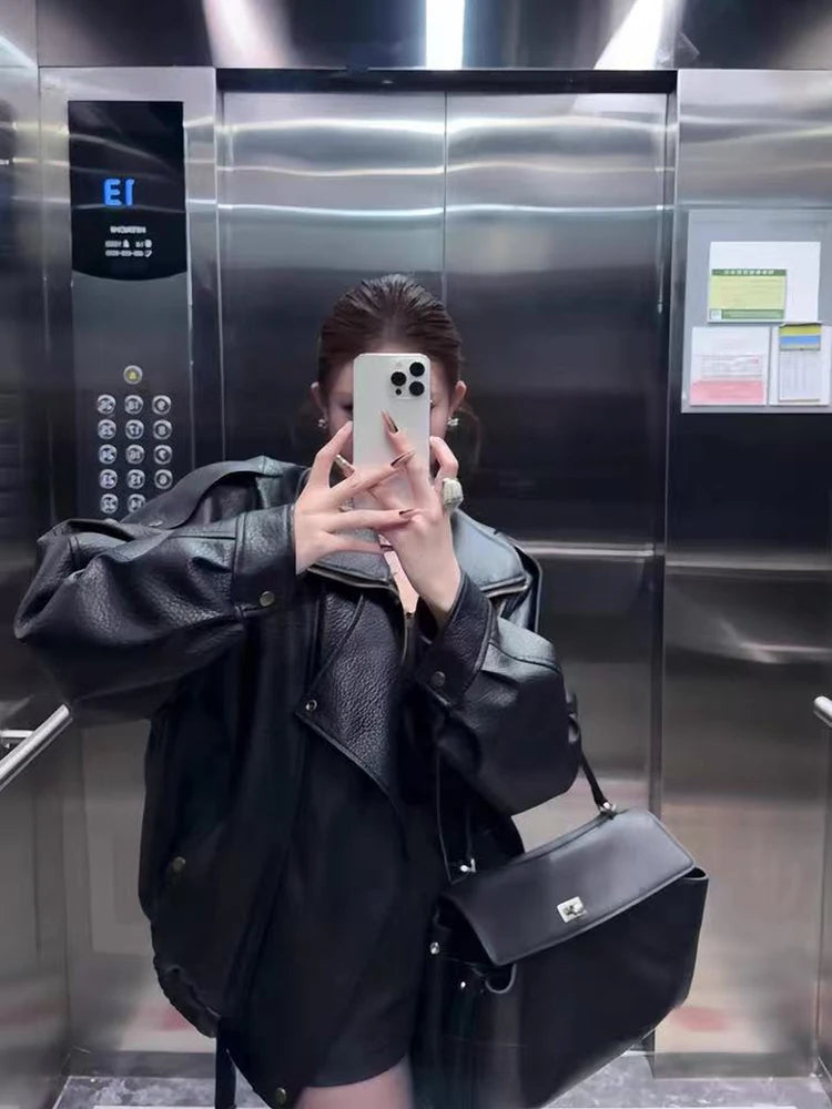 Black Pu Leather Coats Women Y2K Fashion Streetwear Loose Motorcycle Jacket Autumn American Female Lapel All Match Outwear voguable