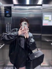 Black Pu Leather Coats Women Y2K Fashion Streetwear Loose Motorcycle Jacket Autumn American Female Lapel All Match Outwear voguable