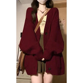 Voguable Wine Red Preppy Style Fashion Sweater Coat V-Neck Drop-shoulde Autumn Winter Loose Oversize Long Sleeve Cardigans Knitted Tops voguable