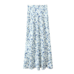Voguable New 2024 Women Floral Print Satin Long Skirt Vintage High Elastic Waist A-line Spring Summer voguable