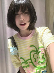 Apple Embroidery T Shirt Women Korean Style Striped Short Sleeved T-shirts Summer Y2k Clothes Gentle O Neck Tees Top voguable