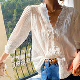 Elegant Chic Blouse Shirt White Lace Patchwork Spring Women Blouse Long Sleeve Hollow Out Boho Sexy Ladies Top Shirt voguable
