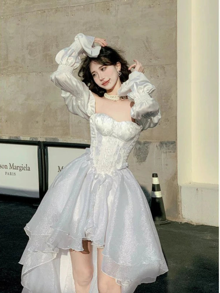 Voguable White Fairy Dress Women Elegant Evening Party Dresses Long Sleeve Mesh Patchwork Vintage Spring Fashion voguable