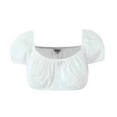 Voguable 2024 Sexy Corset White Embroidery Flower Ruched Chest Elastic Shoulder Crop Top Women Short Puff Sleeve Tanks Top High Waist tee voguable