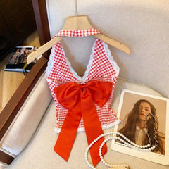 French Sweet Spicy Camis Hanging Neck Camisole Lace Patchwork Plaid Print Short Top Sexy Deep V-neck Bandage Halter Crop Tops voguable