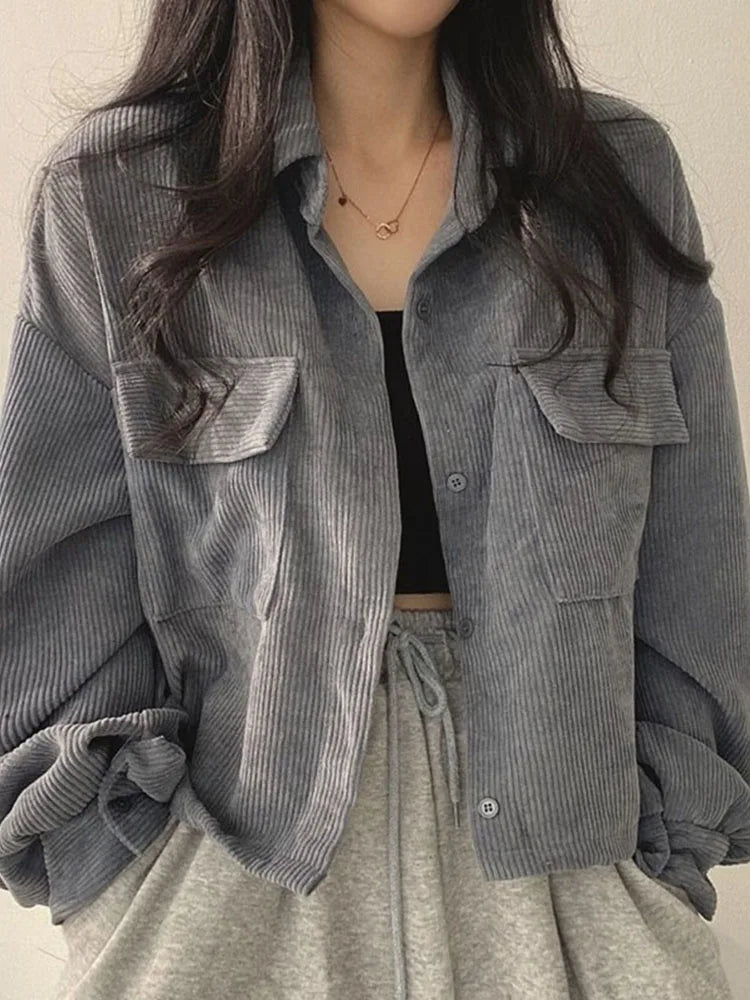 Vintage Corduroy Cropped Jacket Women Korean Fashion Long Sleeve Drawstring Blouses Female Casual Loose Single Breasted Coats voguable