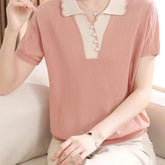 Voguable Women's Summer New Knit Short Sleeved T-shirt Thin Ice Silk Elegant Top Middle Aged Elegant Collar voguable