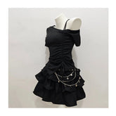 Voguable Dark Y2K Goth Off Shoulder Sexy Sets T-shirt Ball Gown Age Reduction Stretch Waist Skirt Slim Preppy Style Casual Mujer voguable