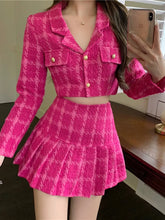 Voguable Matching Set Rose Pink Plaid Women Cropped Tweed Blazer High Waist Pleaste Mini Skirts Suits Ladies Fashion 2 Piece Sets voguable