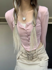 Voguable Lace Patchwork Fake Two Piece T-shirt Coquette Aesthetic Kawaii Crop Top Janpanese Fashion Button Up Cardigan Women voguable