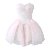 Voguable Kawaii Ruffle Puffy Women 3-piece Set Dress Underskirt Shawl Shrug Princess Pink Mini Evening High Low Dress Lolita Tutu Train voguable