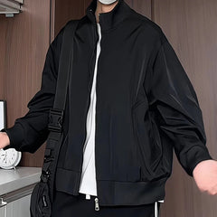 Black Mens Stand Collar Loose Fit Outdoor Spring Biker Jacket Casual Windbreaker Motorcycle Streetwear Trendy Daily Wear Coat voguable
