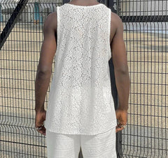Men Tank Tops Lace Transparent O-neck Sleeveless Male Vests Streetwear Summer Sexy Fashion Men Clothing Tops S-5XL voguable