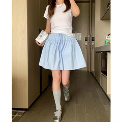 Cotton Casual Short A-line Skirt for Women High Waist Blue Elastic Waist Tie bow Sweet Loose Sports Skirt with Safety Shorts voguable