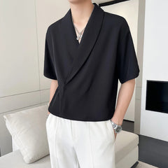 Solid Color Men Apple Collar T Shirt Unique Design Streetwear Fashion Casual Top Trendy Street Performance Tee Comfort Urban voguable